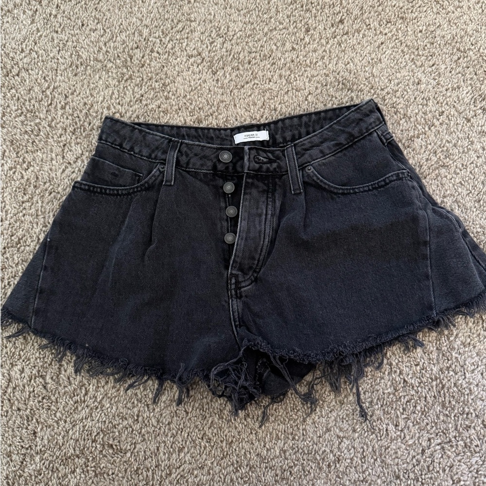 Forever 21 Premium Denim Jean Shorts Size 27 Distressed Black Cut-off